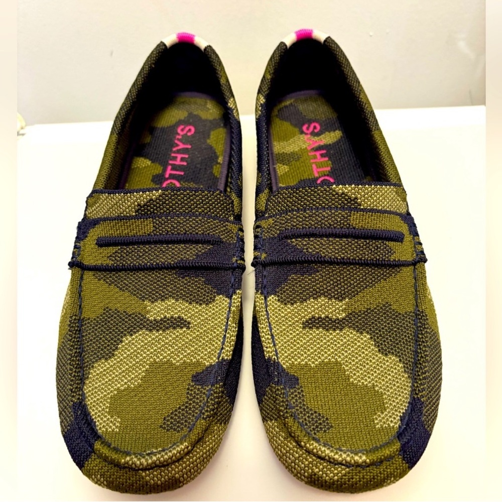Rothy's Olive Green Camo Loafers with Pink Accents